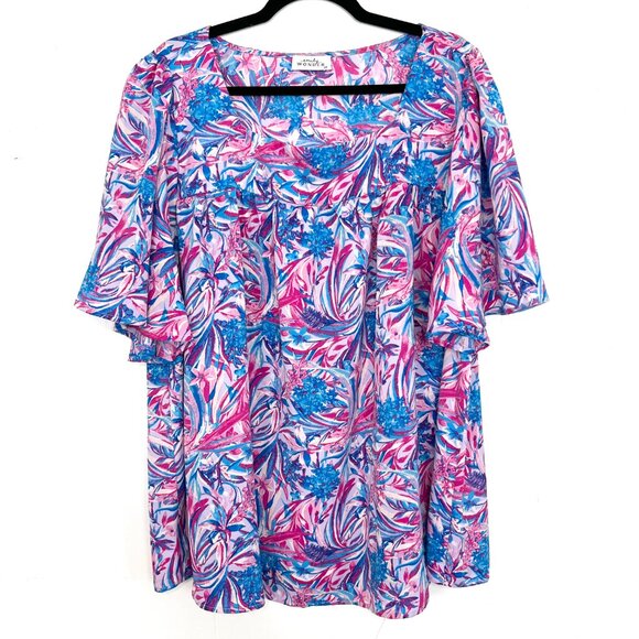 Emily Wonder Pink Blue Floral Flutter Sleeve Top 2X zq - Picture 1 of 4